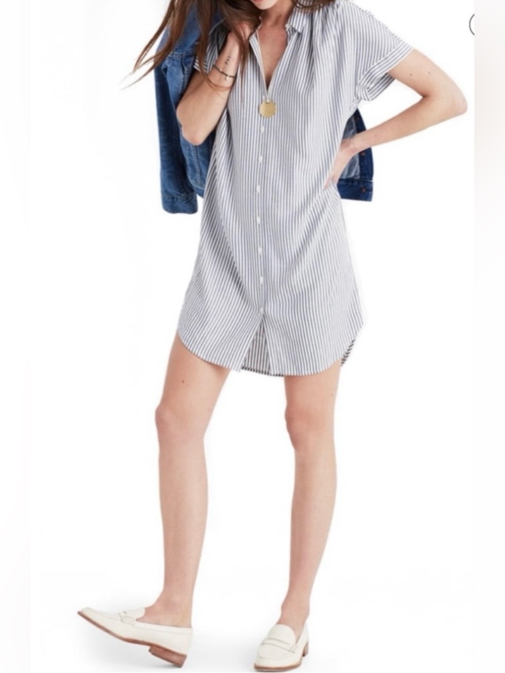 Madewell Central Collared Short sleeve Navy White EUC Striped Shirt Dress Sz XXS